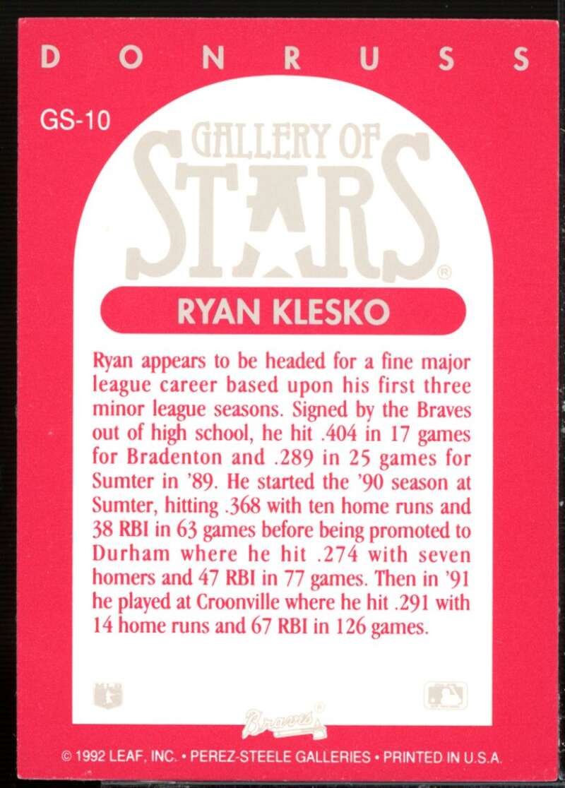 Ryan Klesko Auto Card 1992 Triple Play Gallery #GS10  Image 2