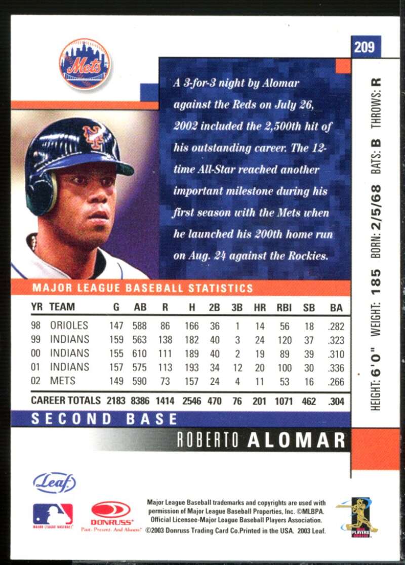 Roberto Alomar Card 2003 Leaf Press Proof #209  Image 2