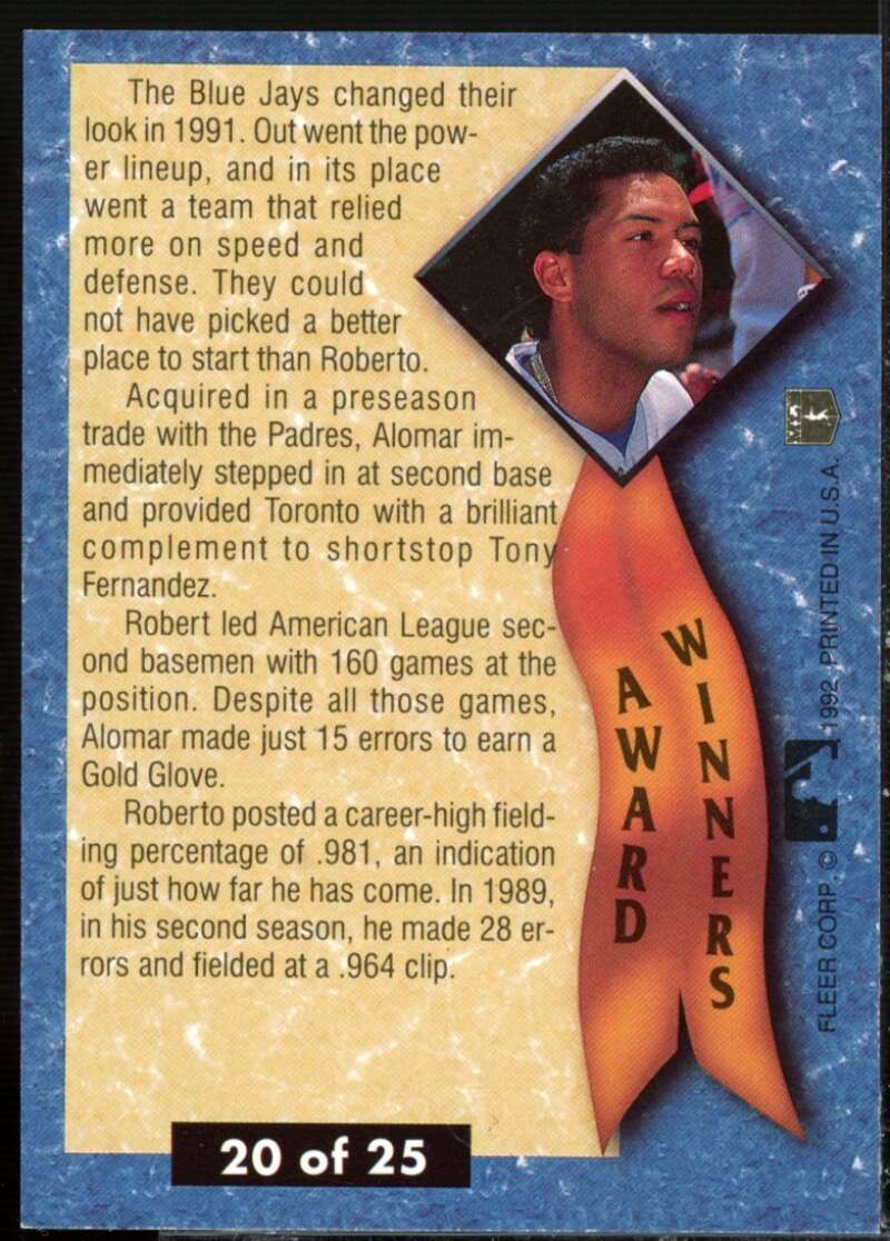 Roberto Alomar Card 1992 Ultra Award Winners #20  Image 2