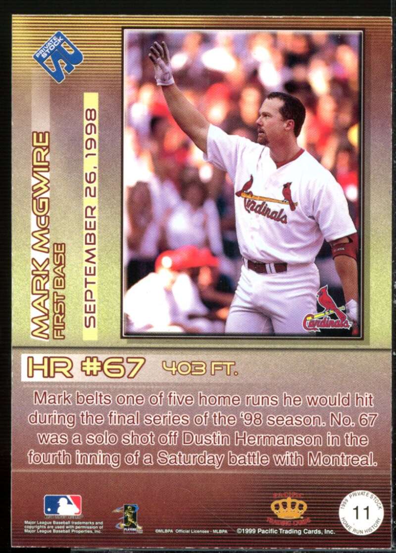 Mark McGwire 67 Card 1999 Private Stock Home Run History #11  Image 2