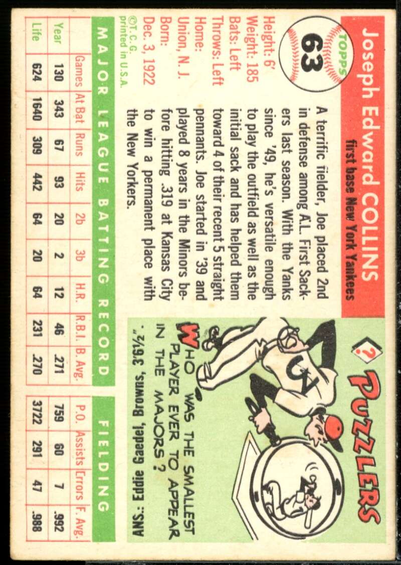 Joe Collins Card 1955 Topps #63  Image 2