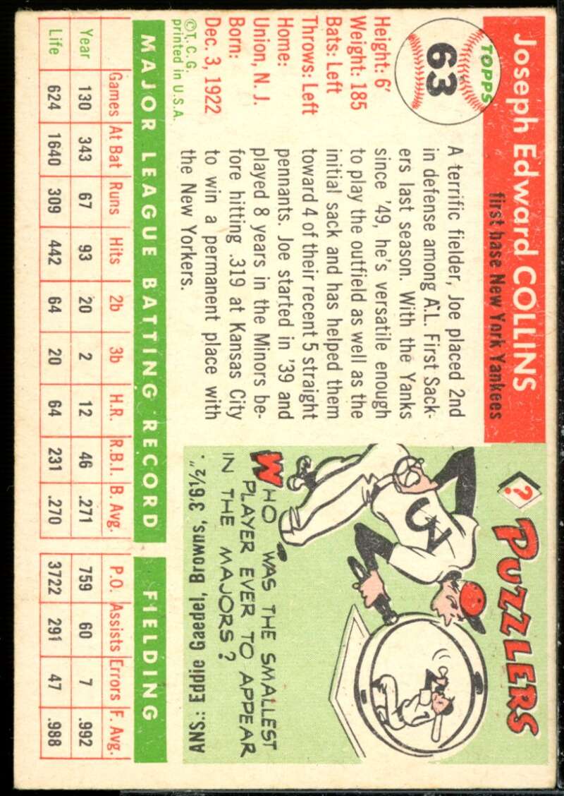 Joe Collins Card 1955 Topps #63  Image 2