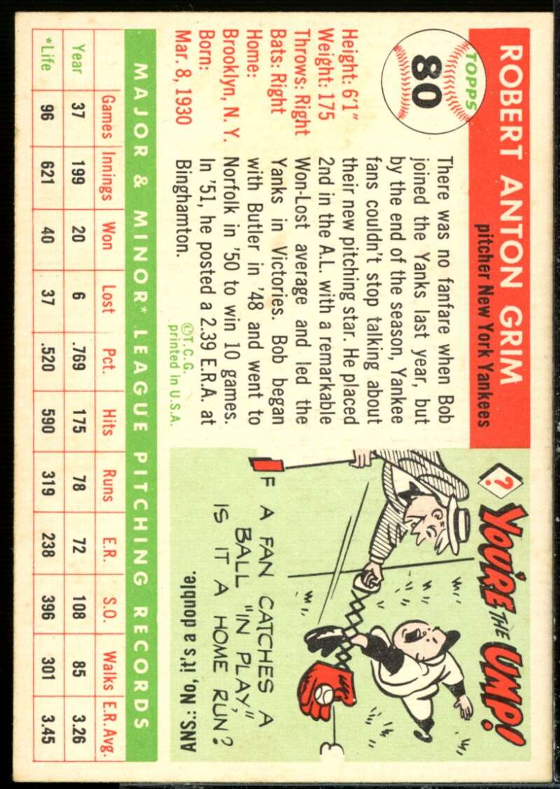 Bob Grim Rookie Card 1955 Topps #80  Image 2