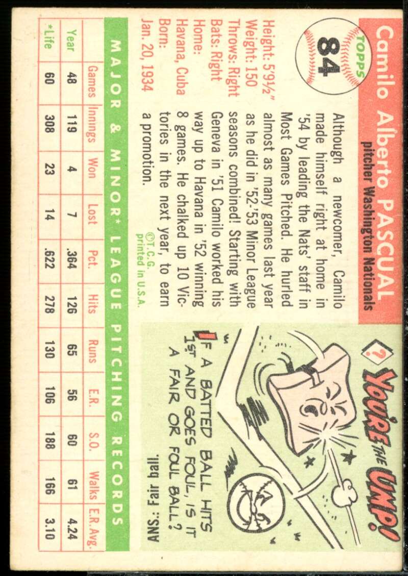 Camilo Pascual Rookie Card 1955 Topps #84  Image 2