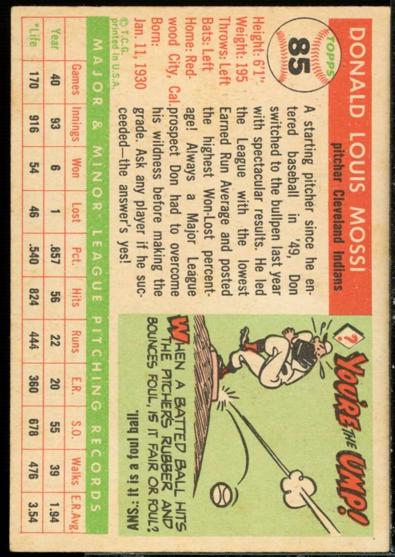 Don Mossi Rookie Card 1955 Topps #85  Image 2