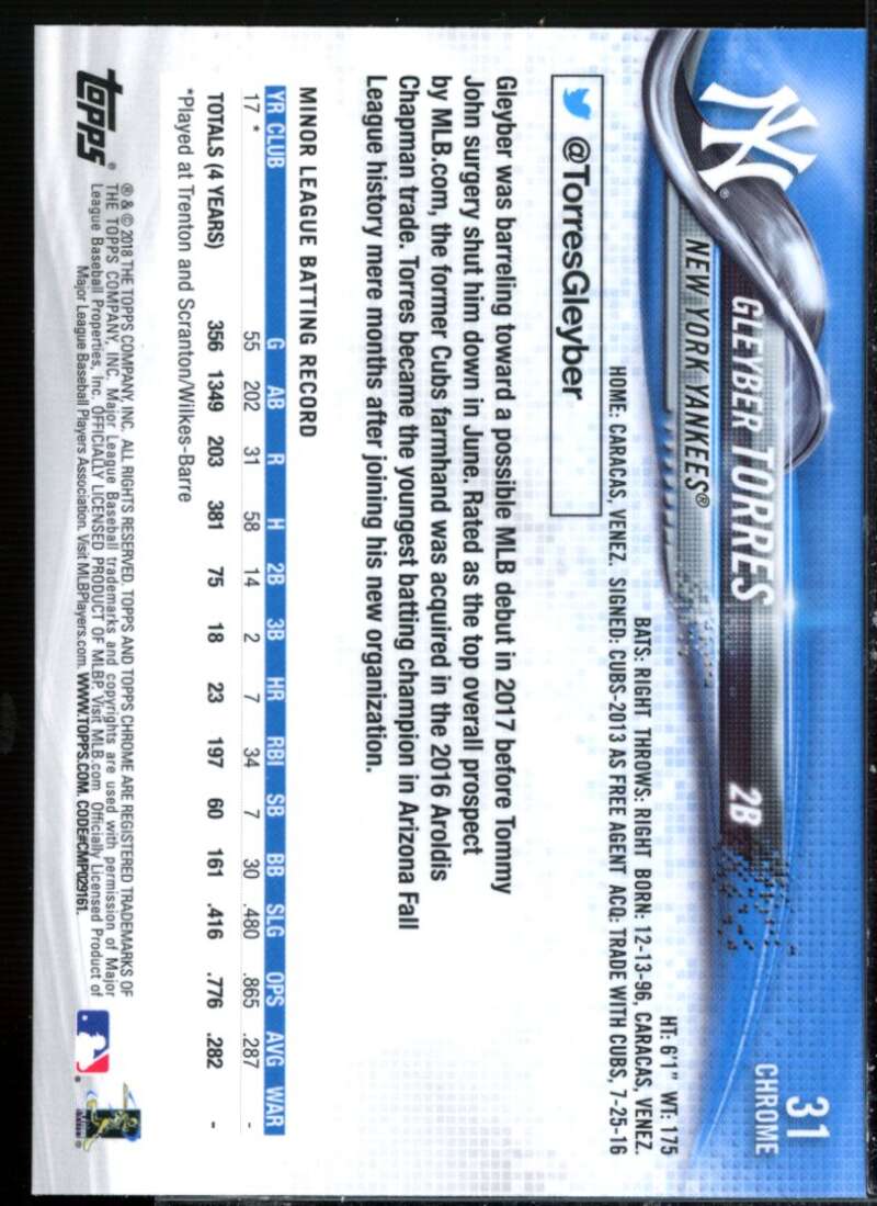 Gleyber Torres Rookie Card 2018 Topps Chrome #31  Image 2