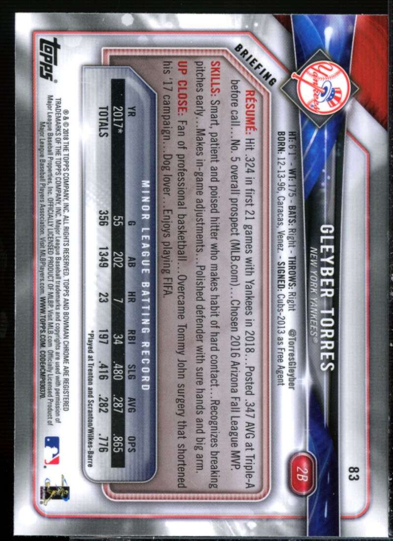 Gleyber Torres Rookie Card 2018 Bowman Chrome #83  Image 2