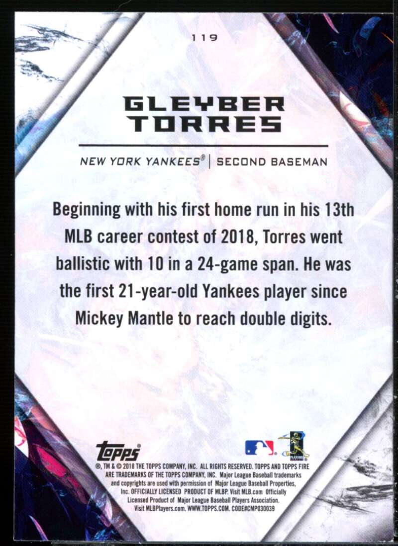 Gleyber Torres Rookie Card 2018 Topps Fire #119  Image 2
