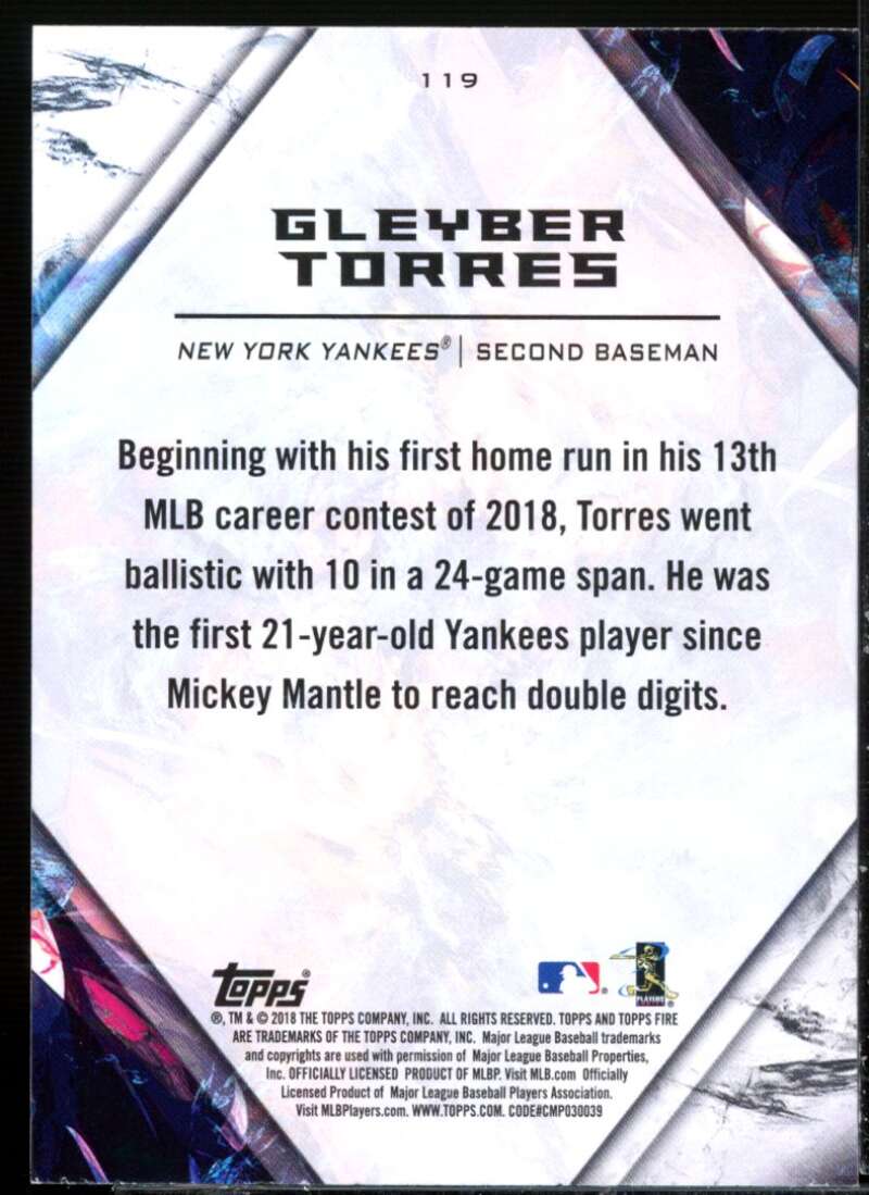 Gleyber Torres Rookie Card 2018 Topps Fire #119  Image 2