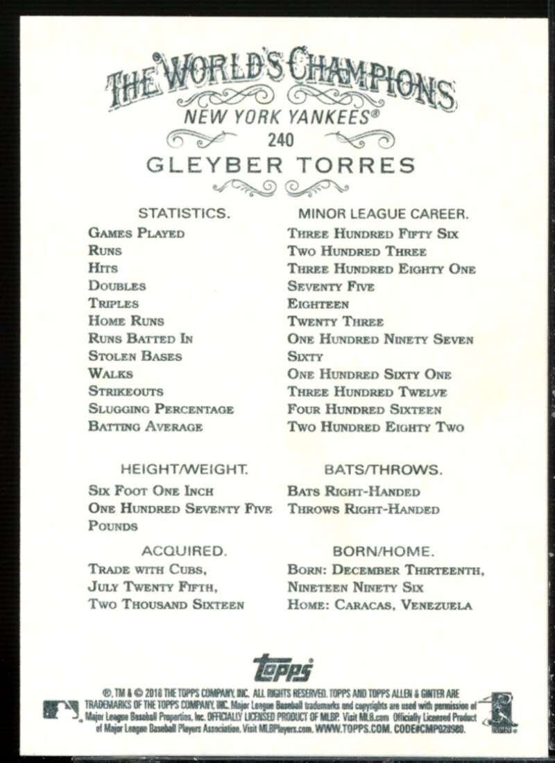 Gleyber Torres Rookie Card 2018 Topps Allen and Ginter #240  Image 2