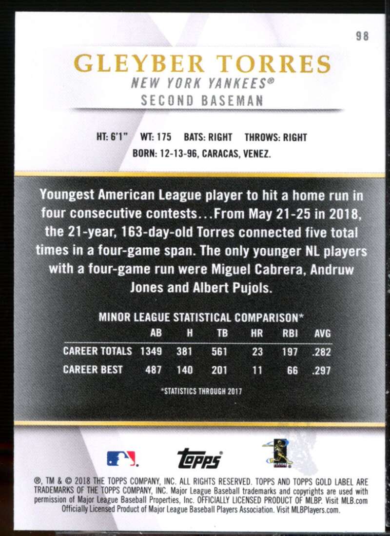 Gleyber Torres Rookie Card 2018 Topps Gold Label Class 1 #98  Image 2