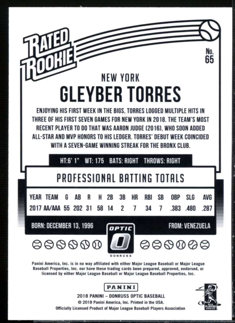 Gleyber Torres RR RC Card 2018 Donruss Optic #65  Image 2