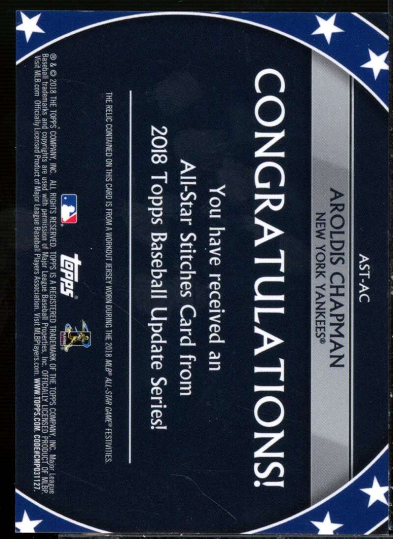 Aroldis Chapman Card 2018 Topps Update All Star Stitches #ASTAC  Image 2