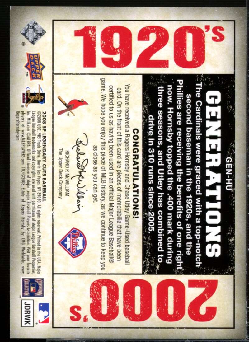 Rogers Hornsby/Chase Utley 2008 SP Legendary Cut Generation Dual Memorabilia #N  Image 2