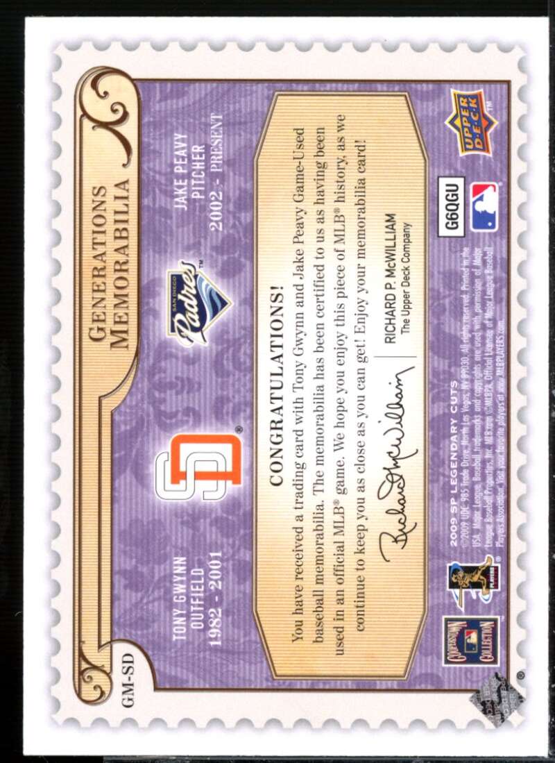 Jake Peavy/Tony Gwynn 2009 SP Legendary Cuts Generations Dual Memorabilia #GMSD  Image 2