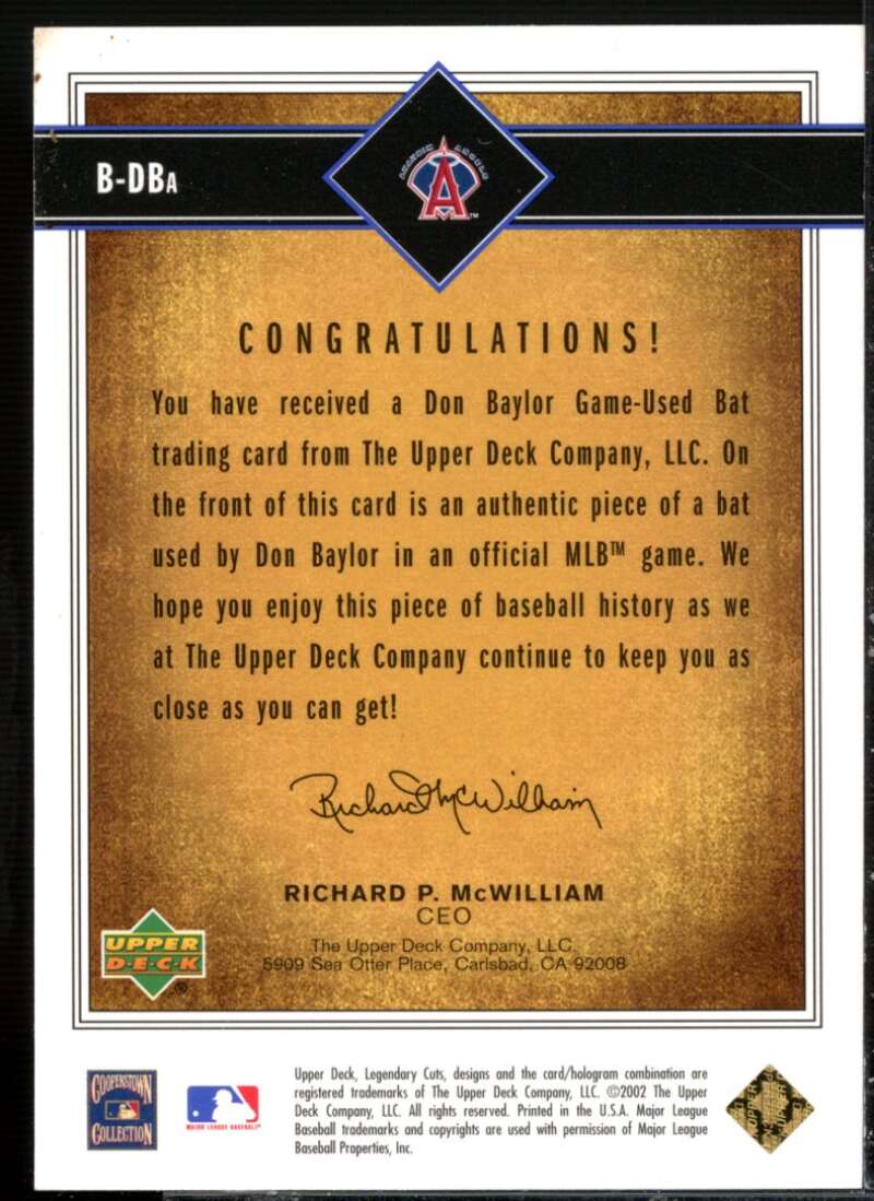Don Baylor DP Card 2002 SP Legendary Cuts Game Bat #BDBA  Image 2