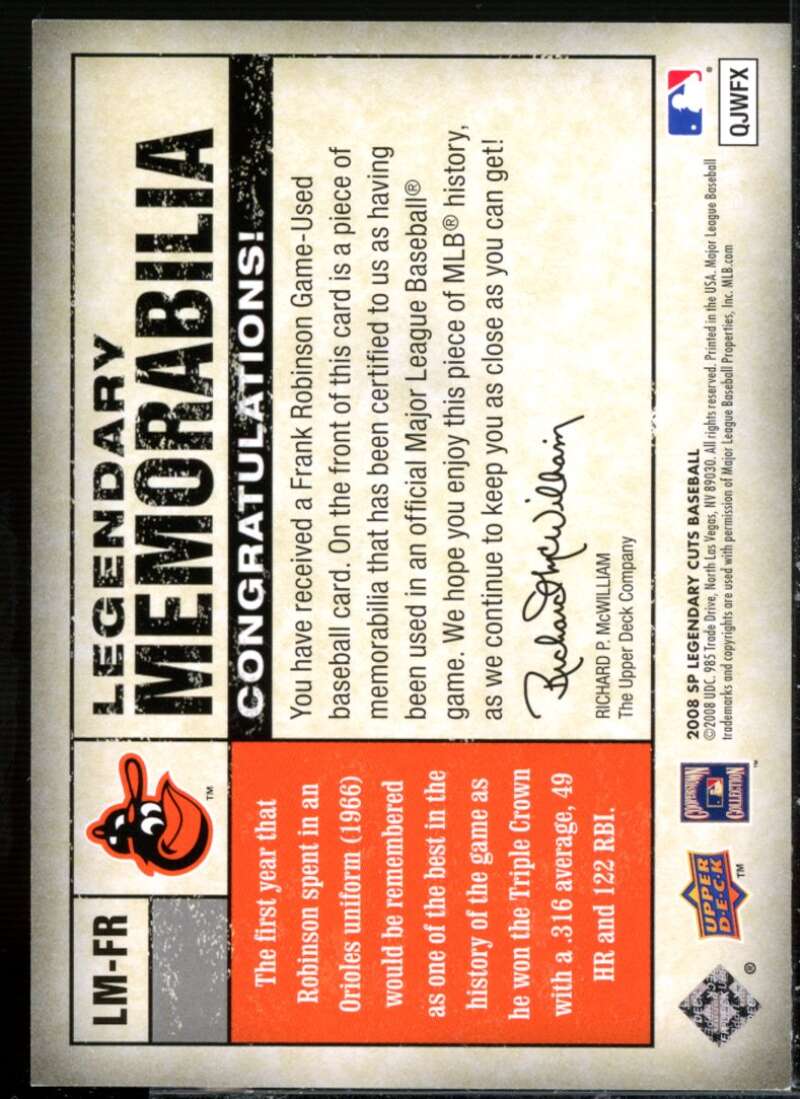 Frank Robinson Card 2008 SP Legendary Cuts Legendary Memorabilia 99 #FR  Image 2