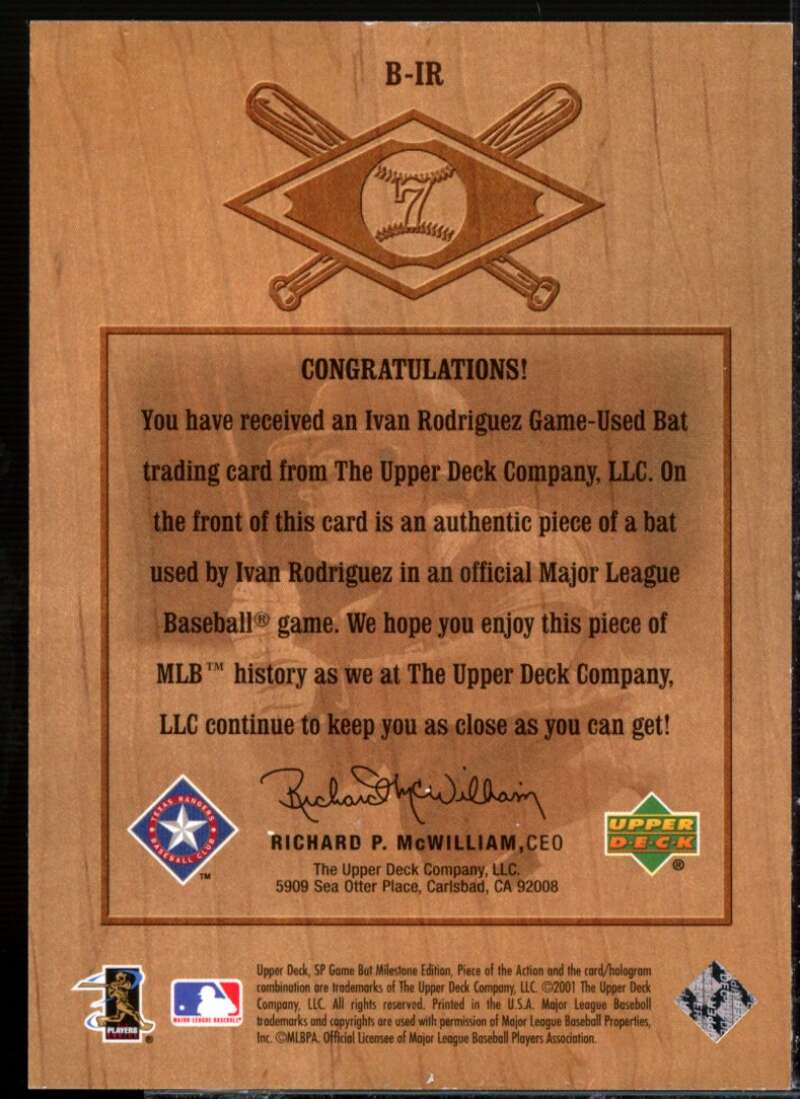 Ivan Rodriguez 2001 SP Game Bat Milestone Piece of Action Bound for Hall #BIR  Image 2