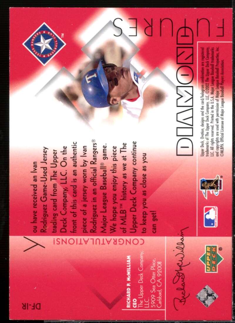 Ivan Rodriguez Card 2002 Upper Deck Ovation Diamond Futures Jerseys #DFIR  Image 2