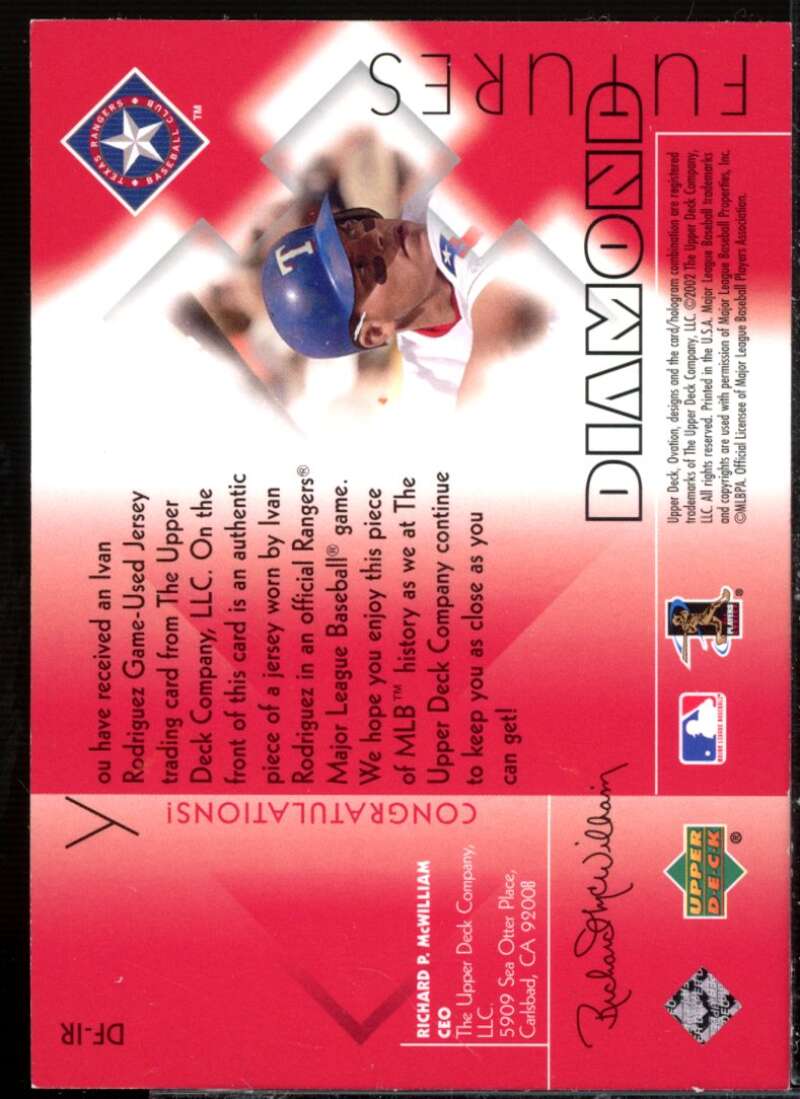 Ivan Rodriguez Card 2002 Upper Deck Ovation Diamond Futures Jerseys #DFIR  Image 2