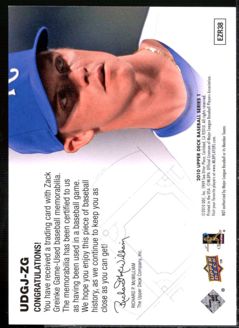 Zack Greinke Card 2010 Upper Deck UD Game Jersey #ZG  Image 2