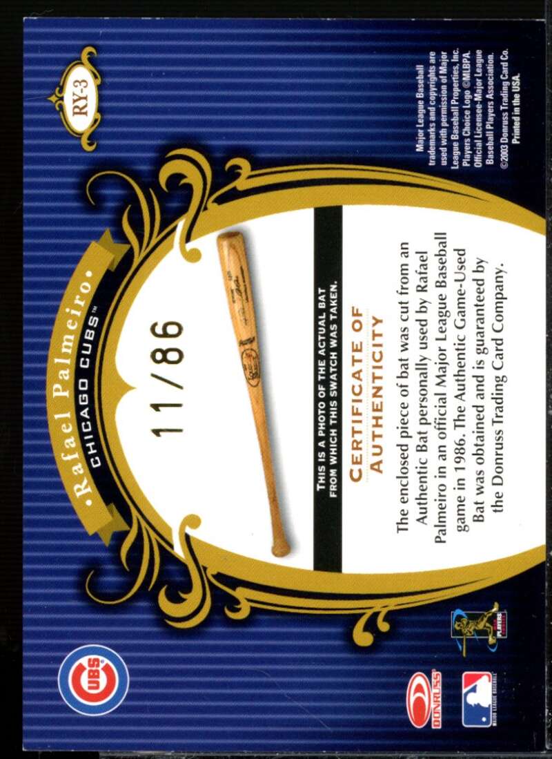 Rafael Palmeiro Bat Card 2003 Timeless Treasures Rookie Year Parallel #3  Image 2