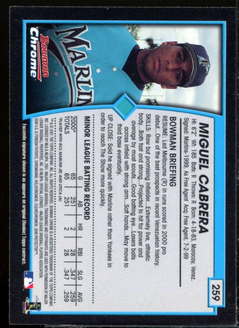 Miguel Cabrera UER Card 2001 Bowman Chrome #259  Image 2