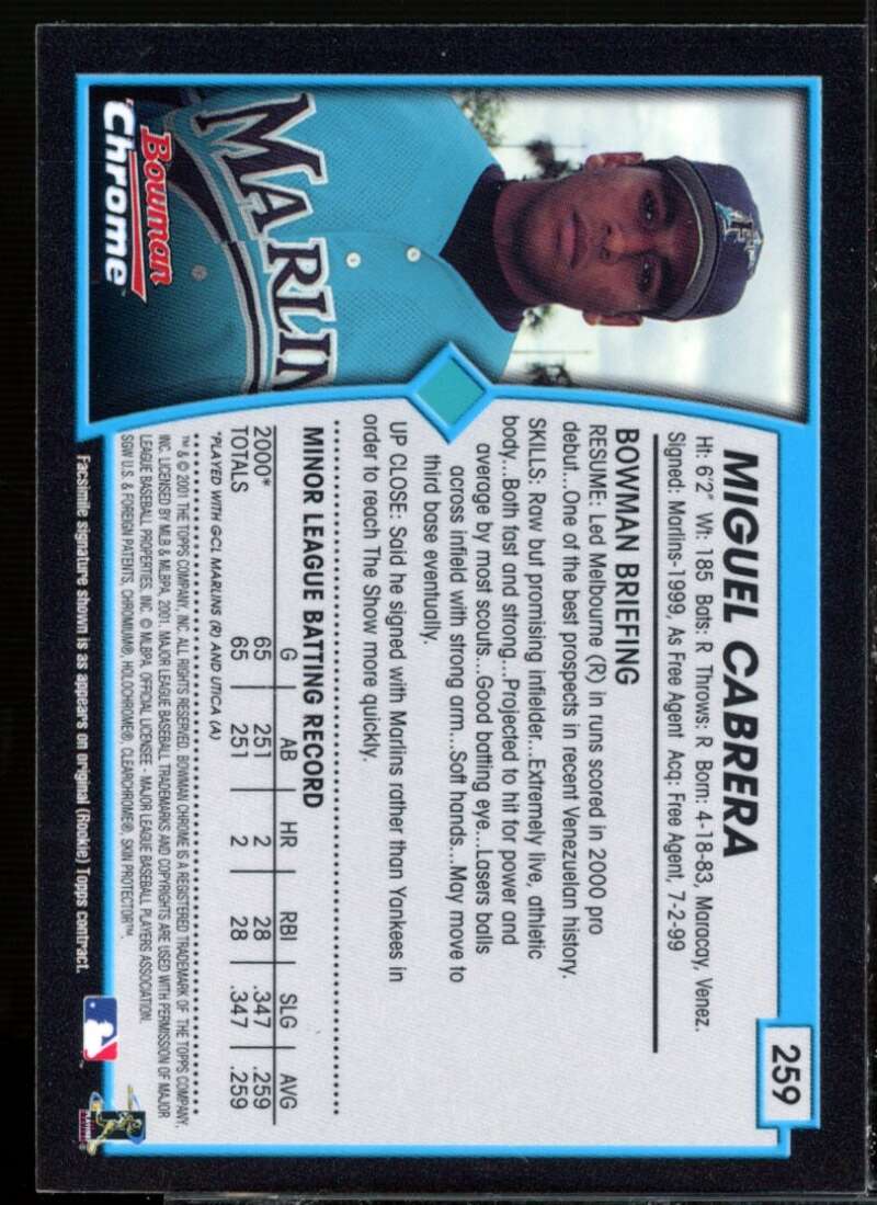 Miguel Cabrera UER Card 2001 Bowman Chrome #259  Image 2