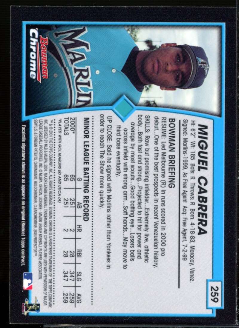 Miguel Cabrera UER Card 2001 Bowman Chrome #259  Image 2