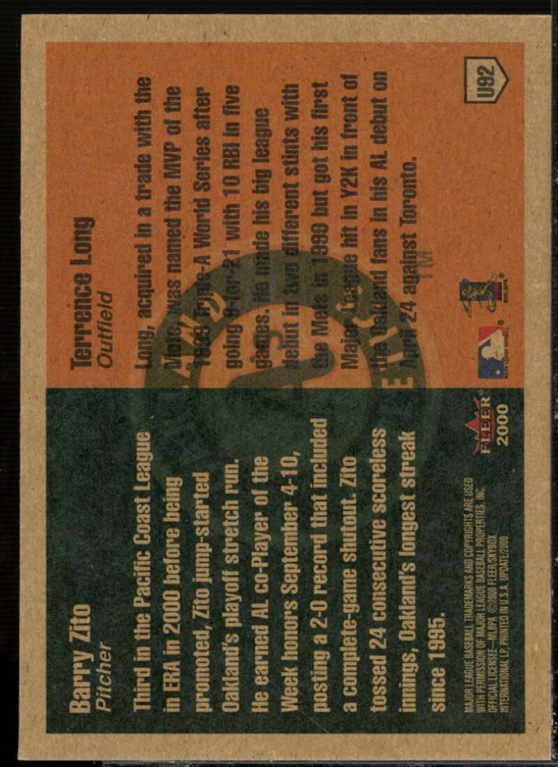 B.Zito Rookie/T.Long Card 2000 Fleer Tradition Update #92  Image 2