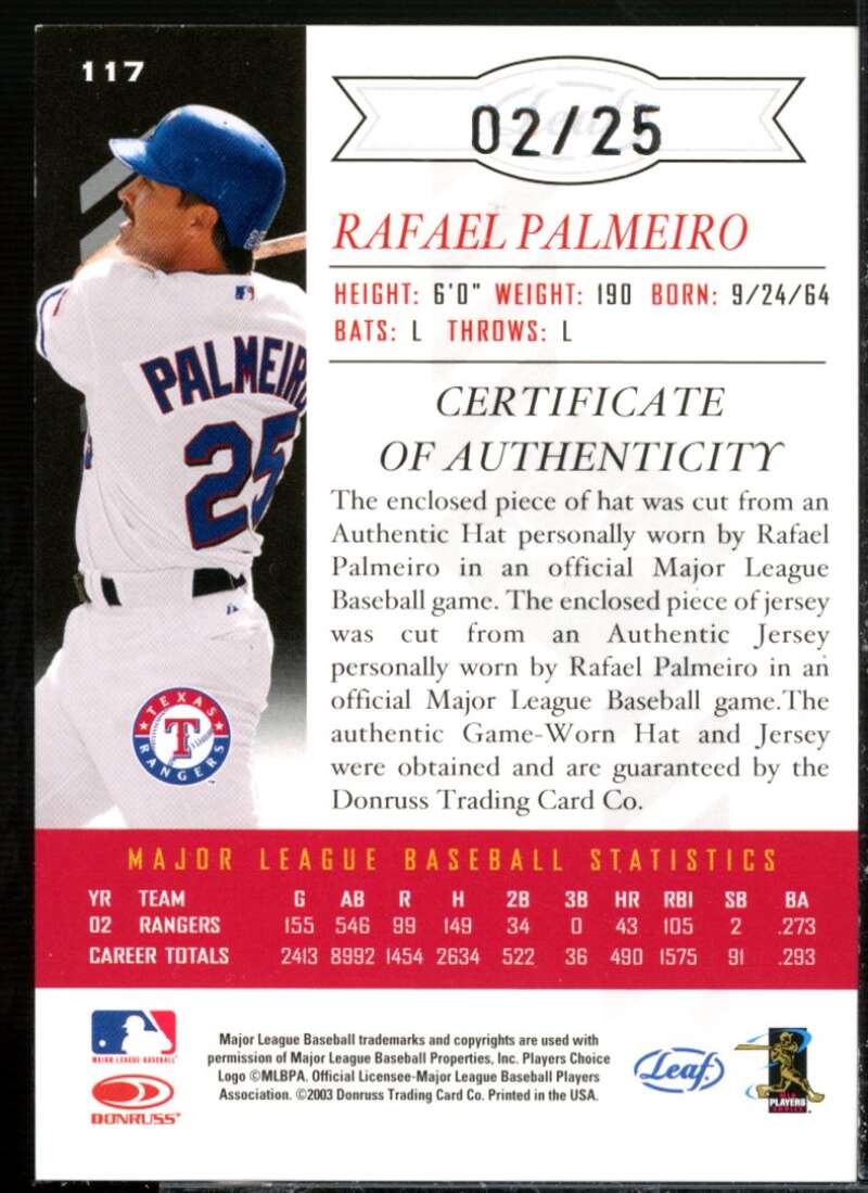 R.Palmeiro Rgr H Hat-Jsy Card 2003 Leaf Limited Threads Double #117  Image 2