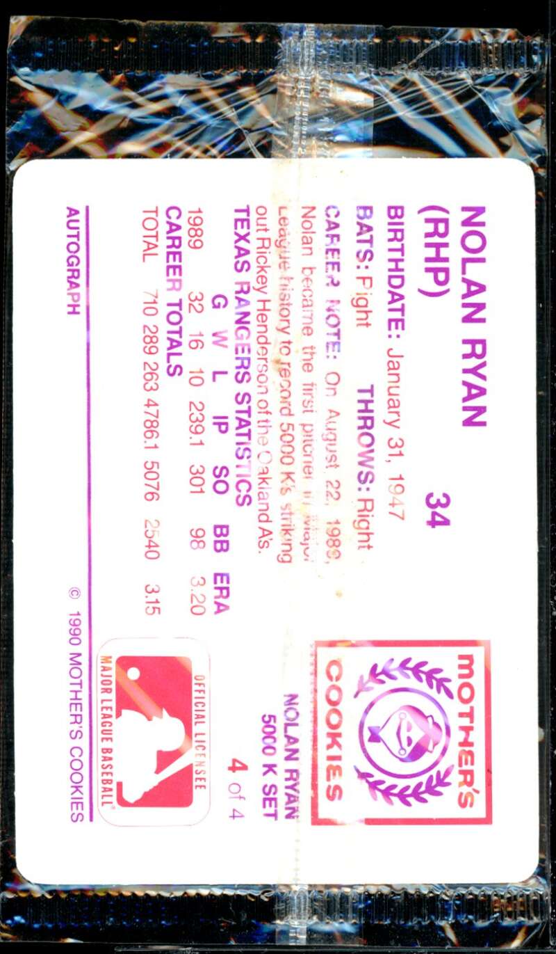 HOF Card 1990 Mother's Cookies Nolan Ryan 5000 K's Cookies Nolan Ryan #4  Image 2