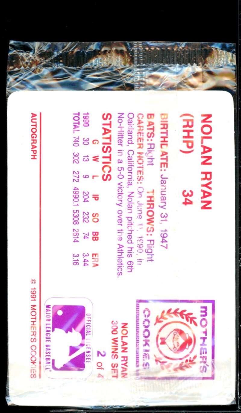 HOF Card 1991 Mother's Cookies Nolan Ryan 300 Wins Cookies Nolan Ryan #2  Image 2