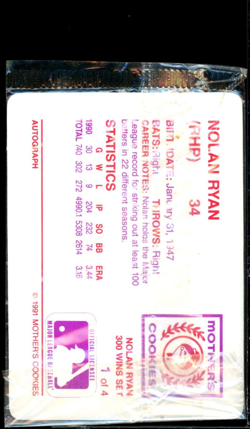 HOF Card 1991 Mother's Cookies Nolan Ryan 300 Wins Cookies Nolan Ryan #1  Image 2