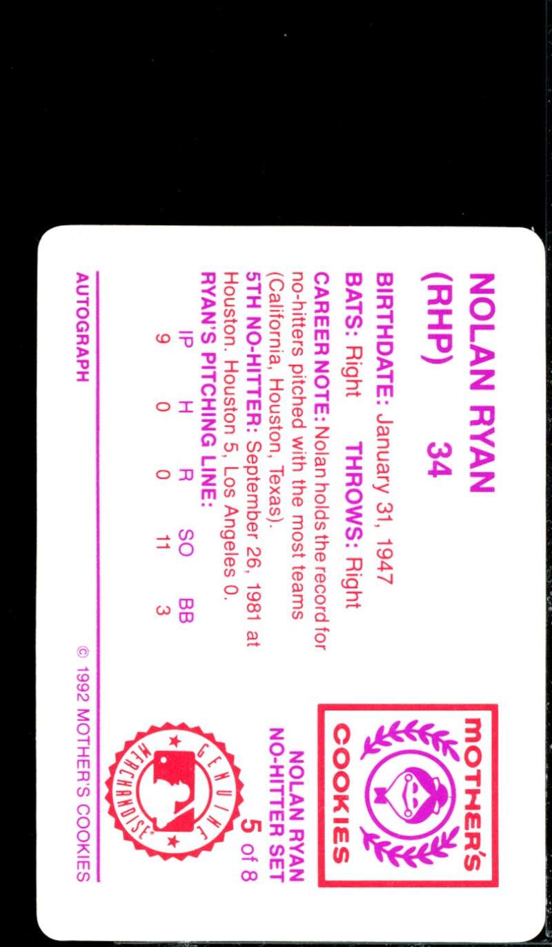 HOF Card 1992 Mother's Cookies Nolan Ryan 7 no-hitters Cookies Nolan Ryan #5  Image 2