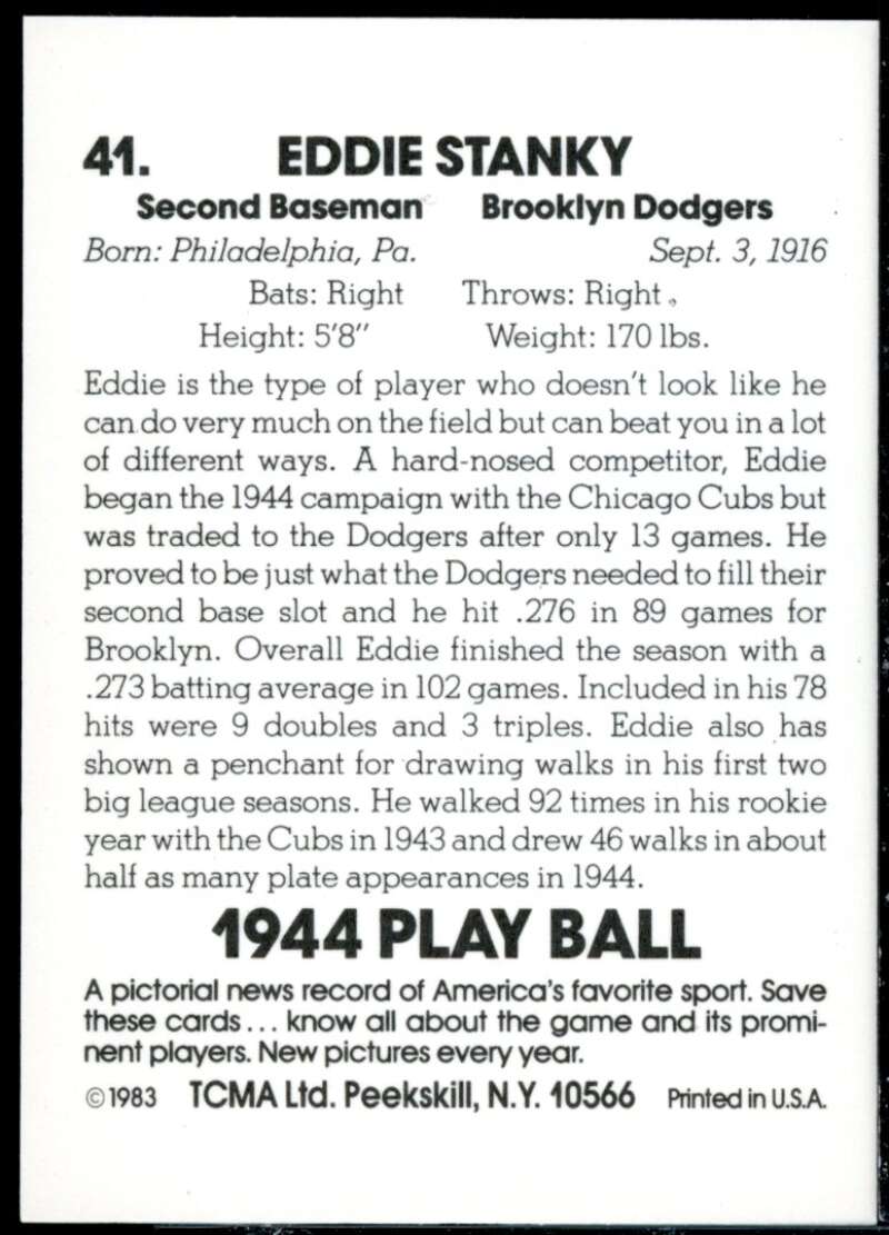 Eddie Stanky Card 1983 TCMA Playball 1944 #41  Image 2