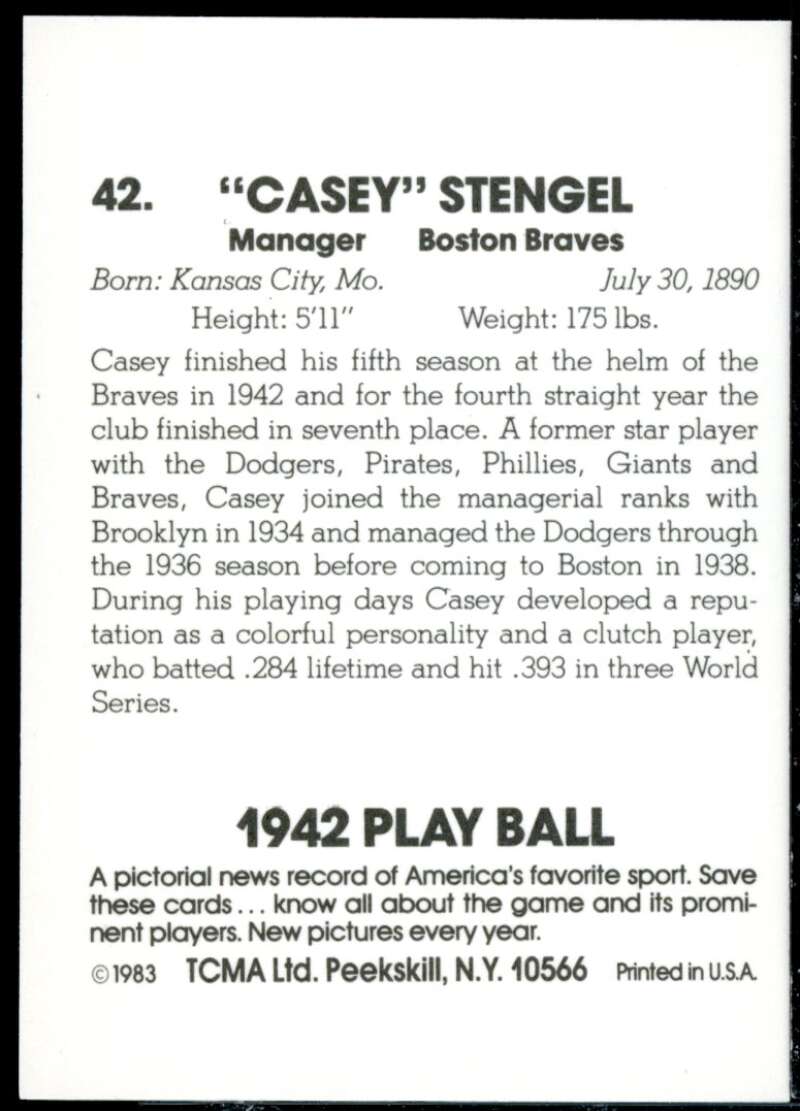 Casey Stengel MG Card 1983 TCMA Playball 1942 #42  Image 2