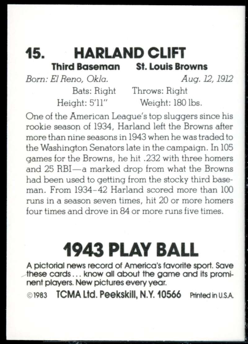 Harland Clift Card 1983 TCMA Playball 1943 #15  Image 2