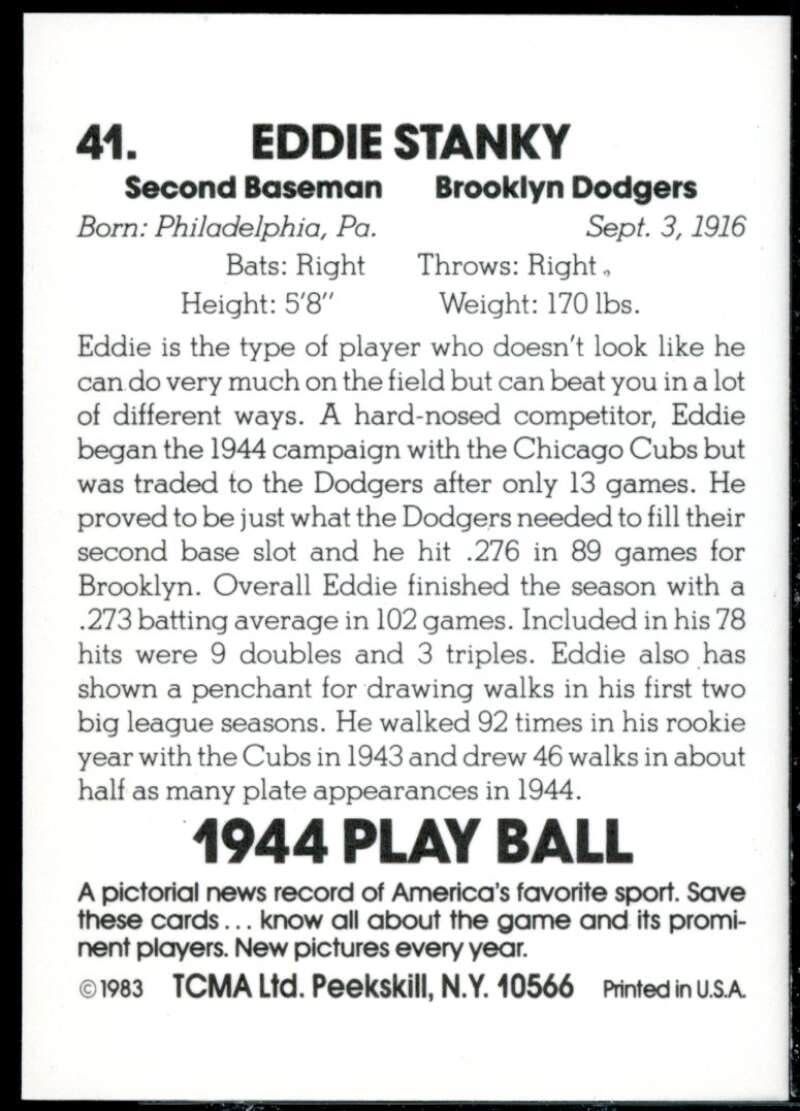Eddie Stanky Card 1983 TCMA Playball 1944 #41  Image 2