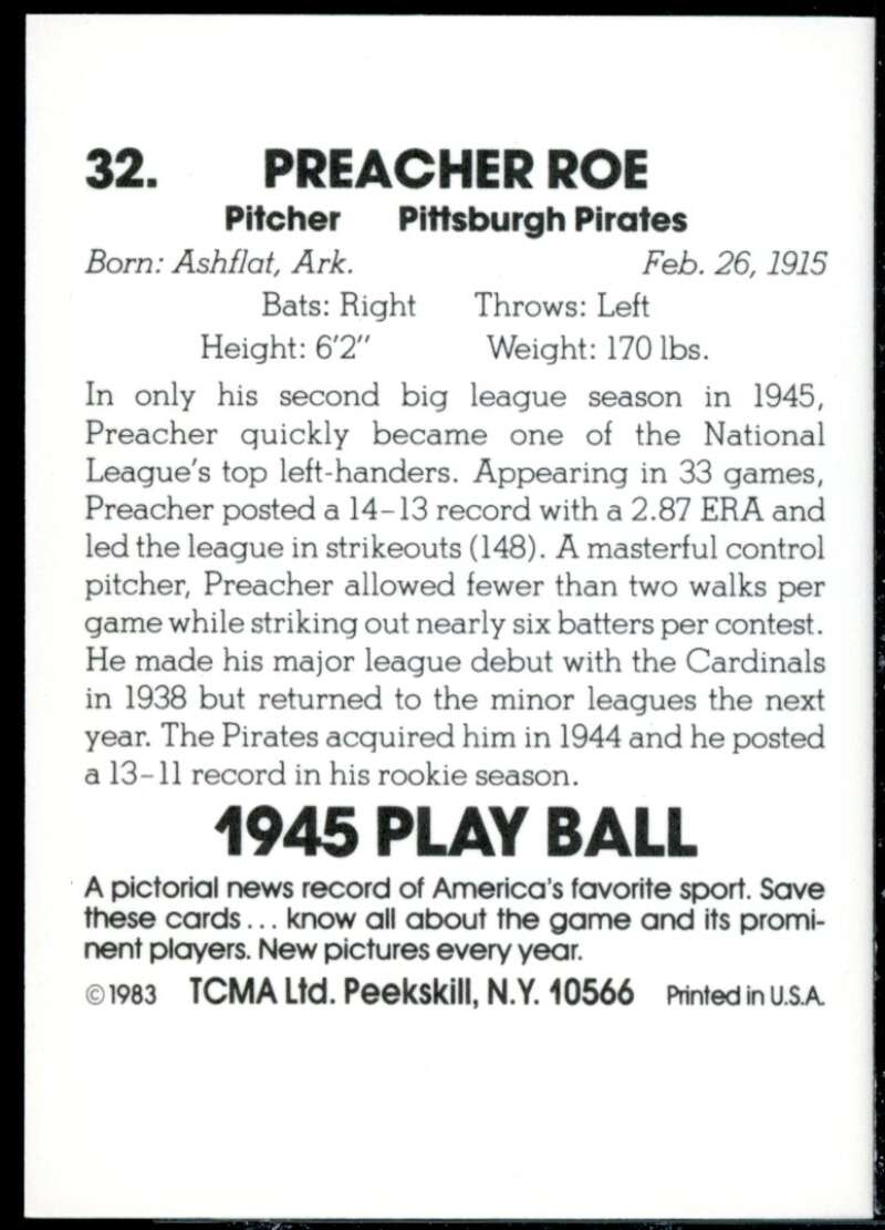 Preacher Roe Card 1983 TCMA Playball 1945 #32  Image 2