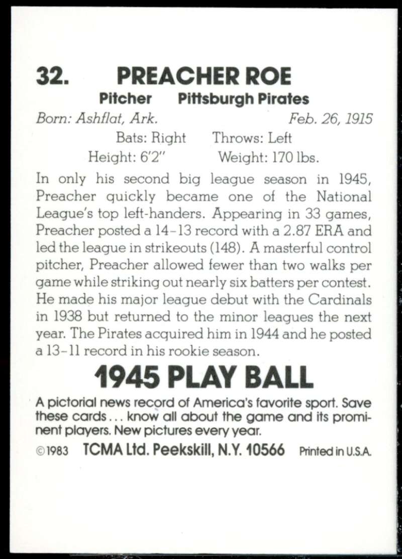 Preacher Roe Card 1983 TCMA Playball 1945 #32  Image 2