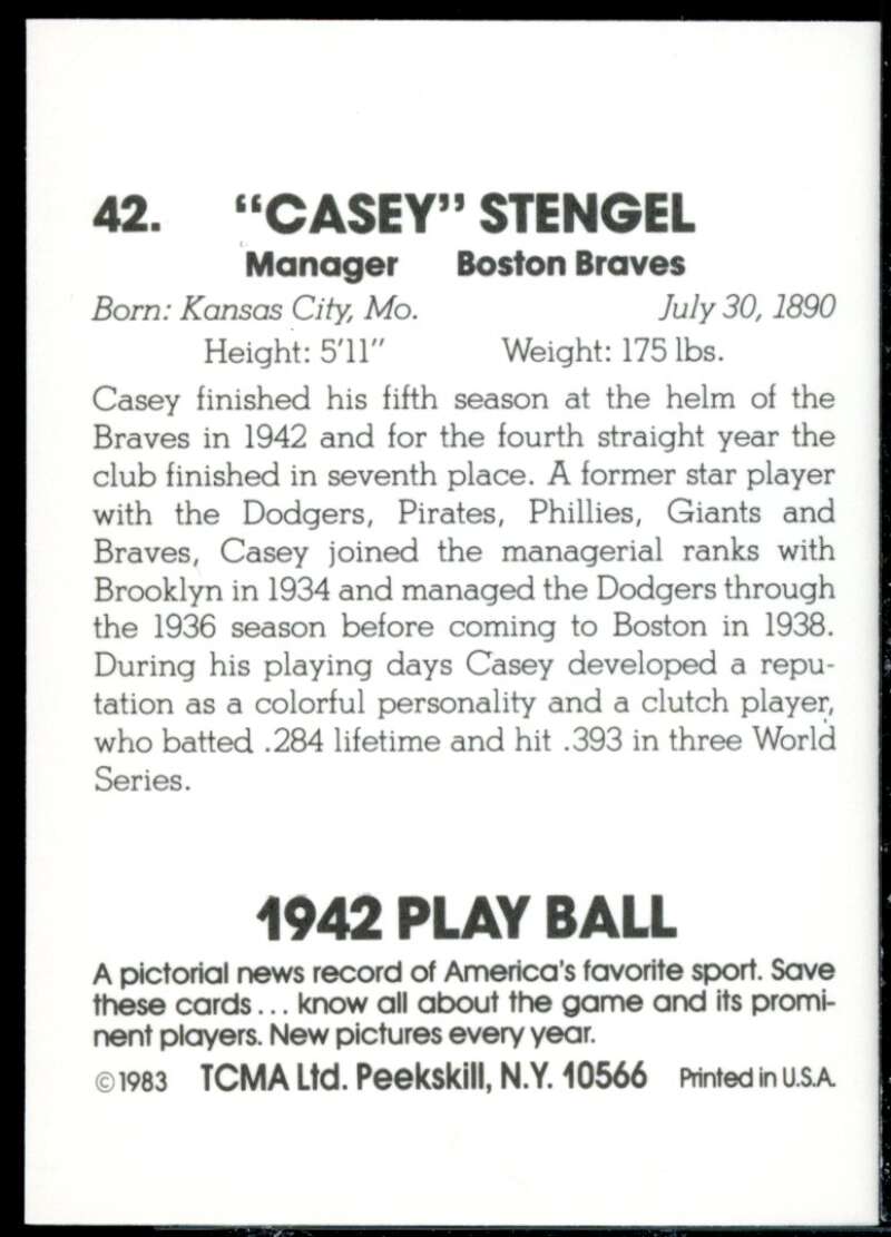 Casey Stengel MG Card 1983 TCMA Playball 1942 #42  Image 2