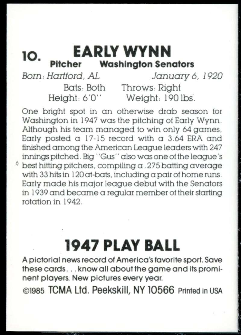 Early Wynn Card 1985 TCMA Playball 1947 #10  Image 2