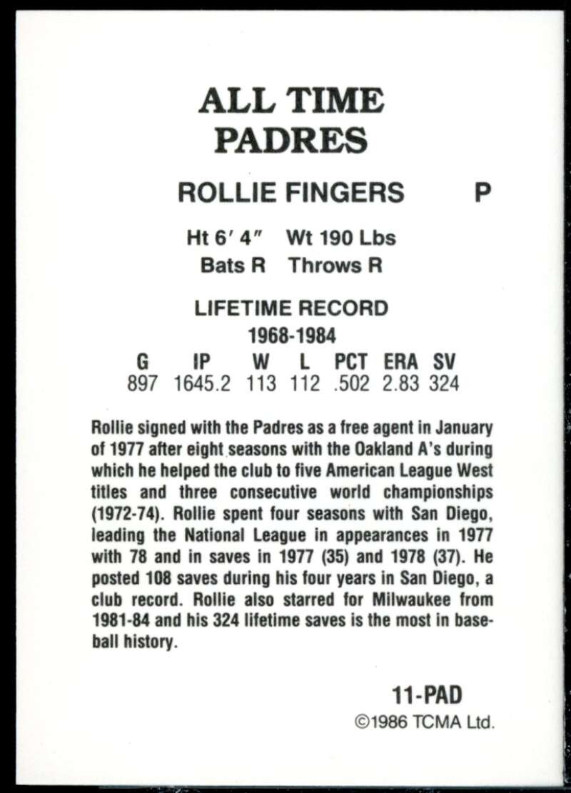 Rollie Fingers Card 1986 Padres Greats TCMA #11  Image 2