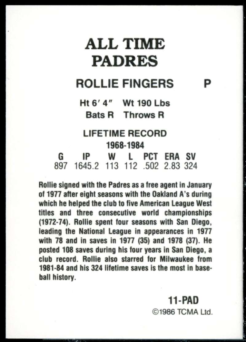 Rollie Fingers Card 1986 Padres Greats TCMA #11  Image 2