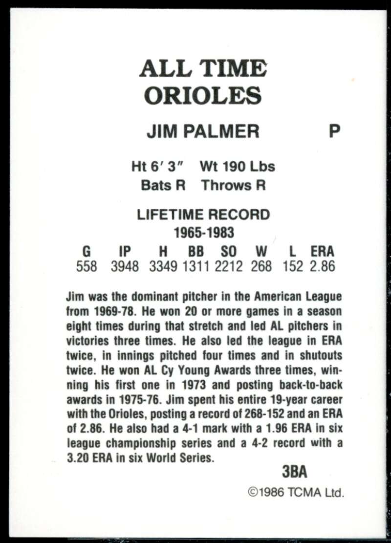 Jim Palmer Card 1986 Orioles Greats TCMA #3  Image 2