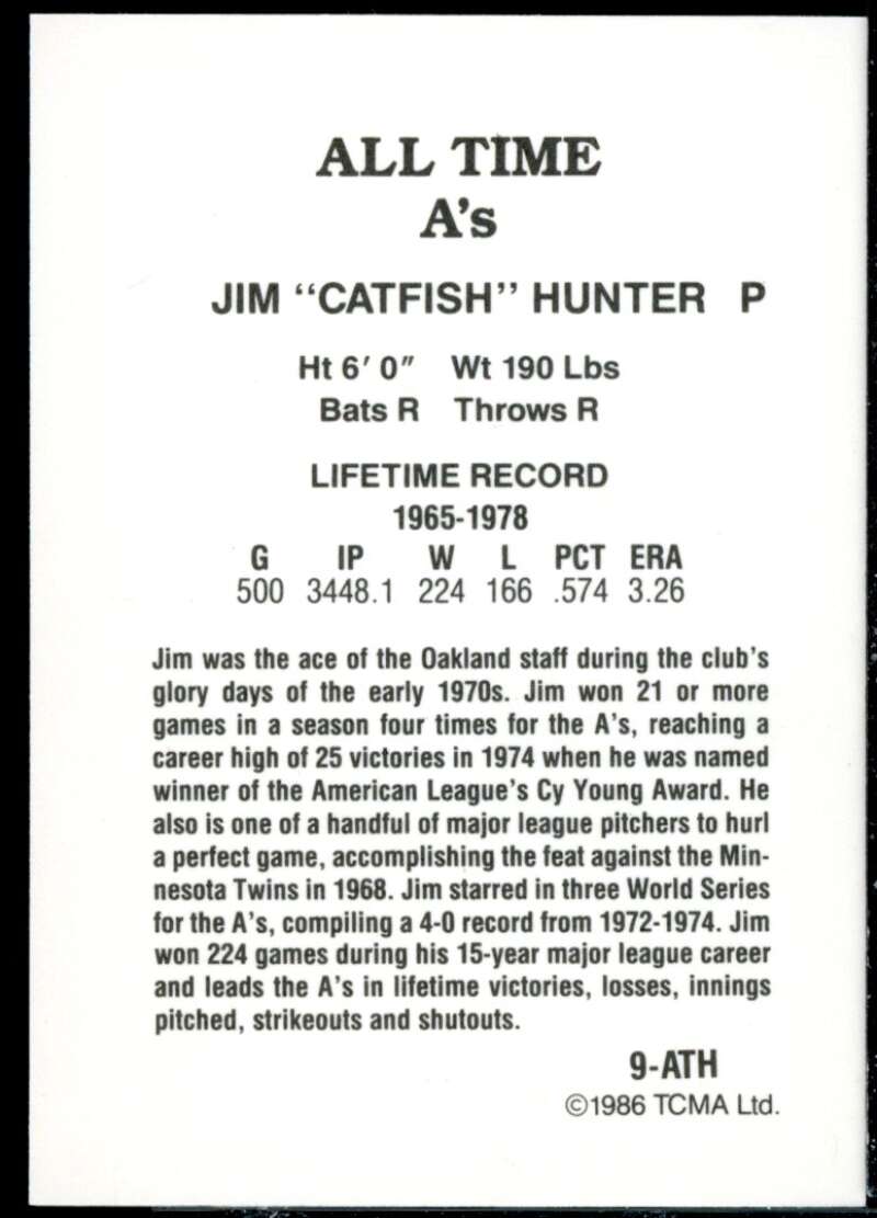Jim Catfish Hunter Card 1986 A's Greats TCMA #9  Image 2