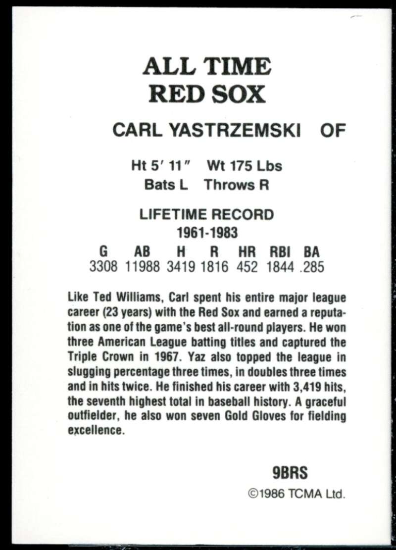 Carl Yastrzemski Card 1986 Red Sox Greats TCMA #9  Image 2