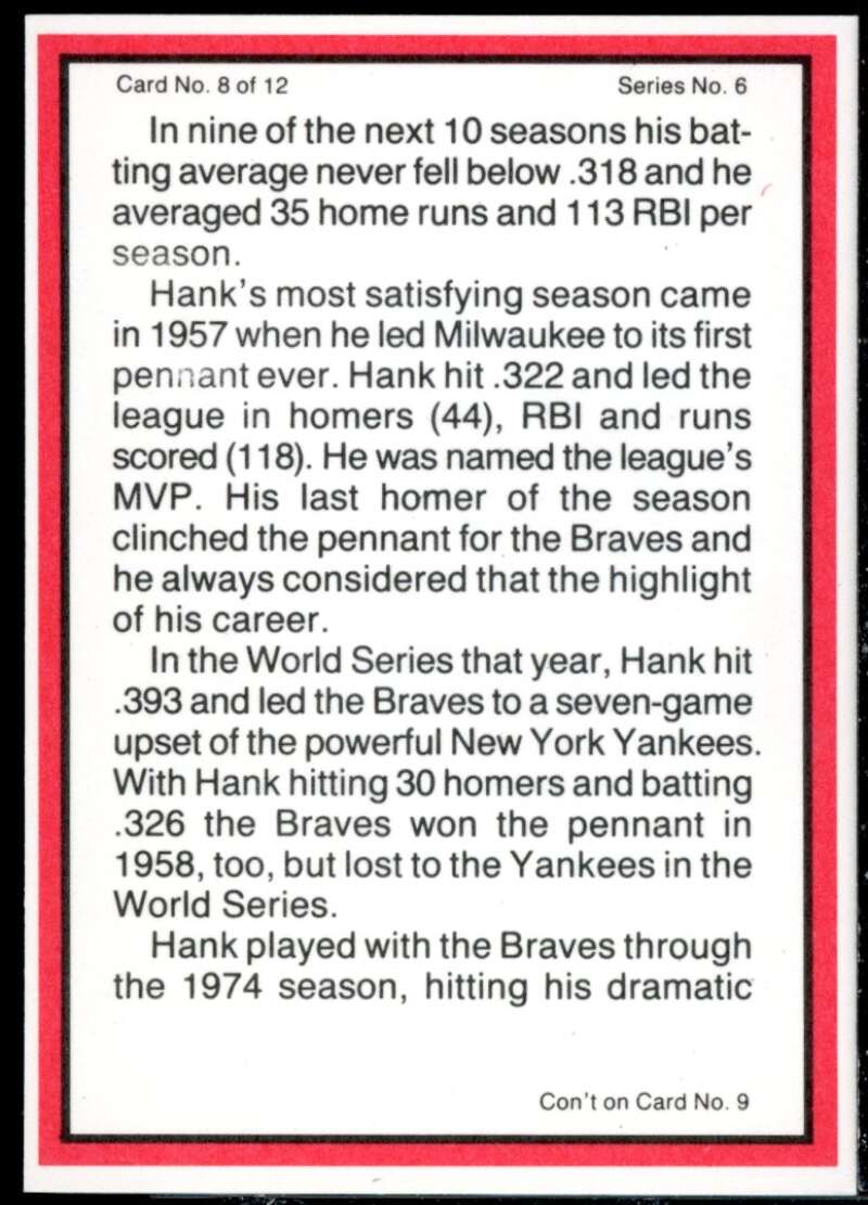 Hank Aaron/1969 Braves Card 1983 ASA Hank Aaron #8  Image 2