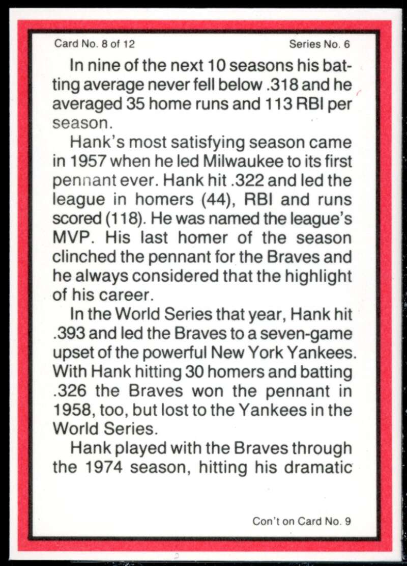 Hank Aaron/1969 Braves Card 1983 ASA Hank Aaron #8  Image 2